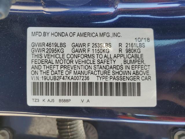 19UUB2F47KA007236 - 2019 ACURA TLX TECHNOLOGY 蓝色 照片 12