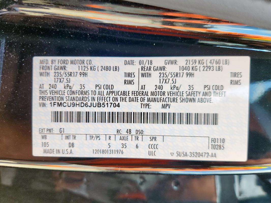 1FMCU9HD6JUB51704 - 2018 FORD ESCAPE SEL BLACK photo 12