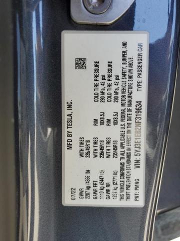5YJ3E1EB2NF319634 - 2022 TESLA MODEL 3 Gris photo 13