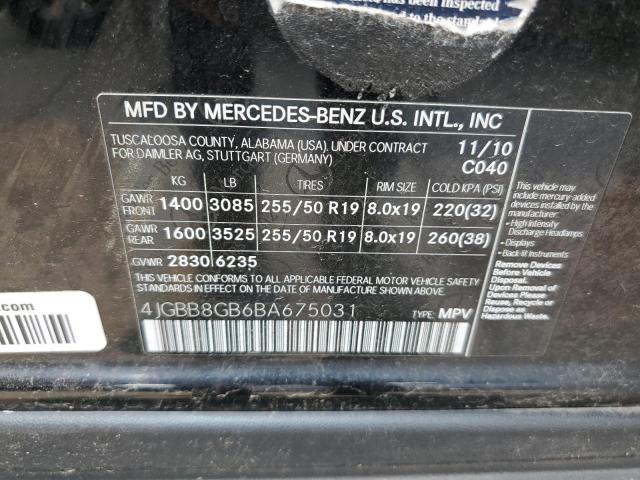 4JGBB8GB6BA675031 - 2011 MERCEDES-BENZ ML 350 4MATIC BLACK photo 12