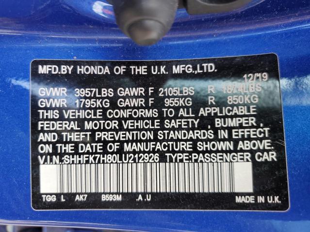 SHHFK7H80LU212926 - 2020 HONDA CIVIC EXL BLUE photo 13