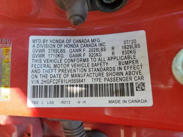 2HGFC2F81LH569841 - 2020 HONDA CIVIC SPOR RED photo 10