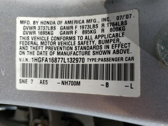 1HGFA16877L132970 - 2007 HONDA CIVIC EX SILVER photo 10