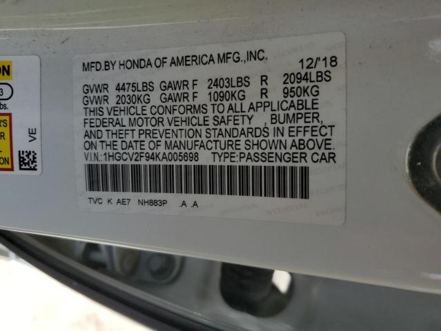 1HGCV2F94KA005698 - 2019 HONDA ACCORD TOURING WHITE photo 13