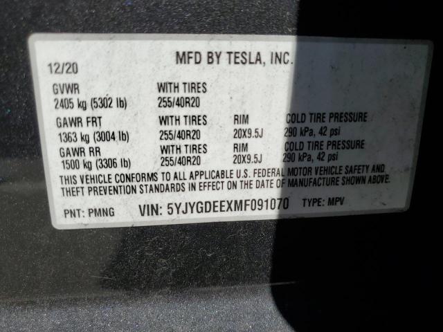 5YJYGDEEXMF091070 - 2021 TESLA MODEL Y GRAY photo 12