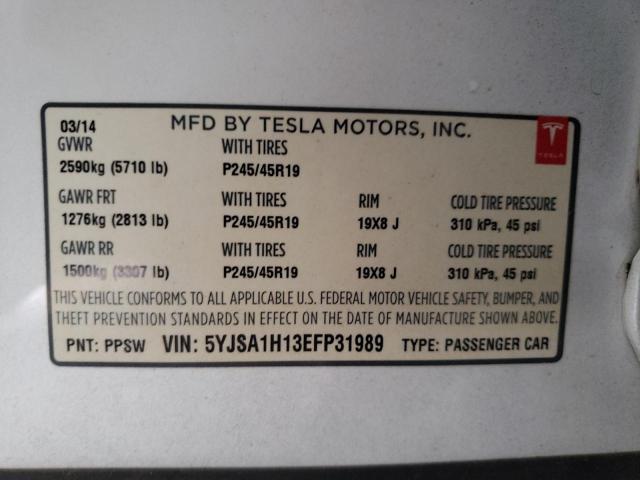 5YJSA1H13EFP31989 - 2014 TESLA MODEL S Սպիտակ լուսանկար 12