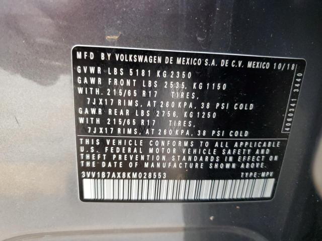 3VV1B7AX8KM028553 - 2019 VOLKSWAGEN TIGUAN S 灰色 照片 13