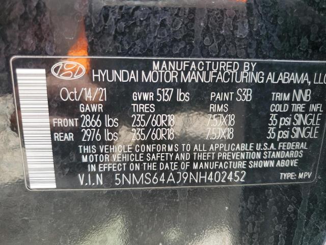 5NMS64AJ9NH402452 - 2022 HYUNDAI SANTA FE SEL BLACK photo 13