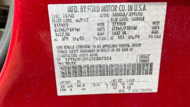 1FTNW20F63EB07534 - 2003 FORD F250 SUPER DUTY RED photo 10