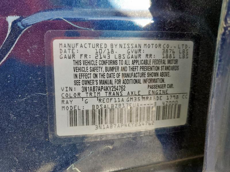 3N1AB7AP4KY254762 - 2019 NISSAN SENTRA S 蓝色 照片 13