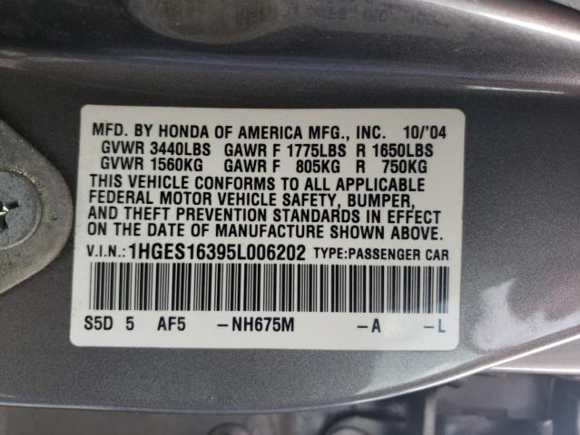 1HGES16395L006202 - 2005 HONDA CIVIC DX VP رمادي صورة 12