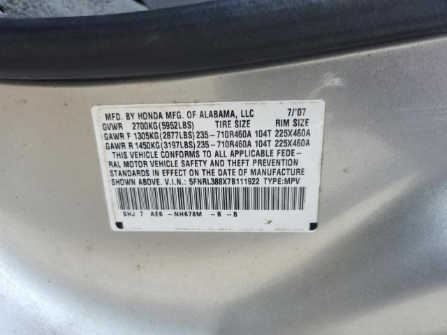 5FNRL388X7B111922 - 2007 HONDA ODYSSEY TOURING GRAY photo 10