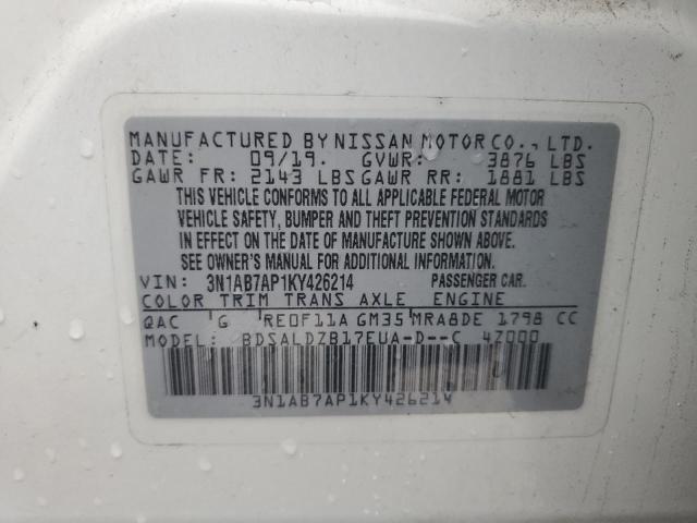 3N1AB7AP1KY426214 - 2019 NISSAN SENTRA S WHITE photo 13