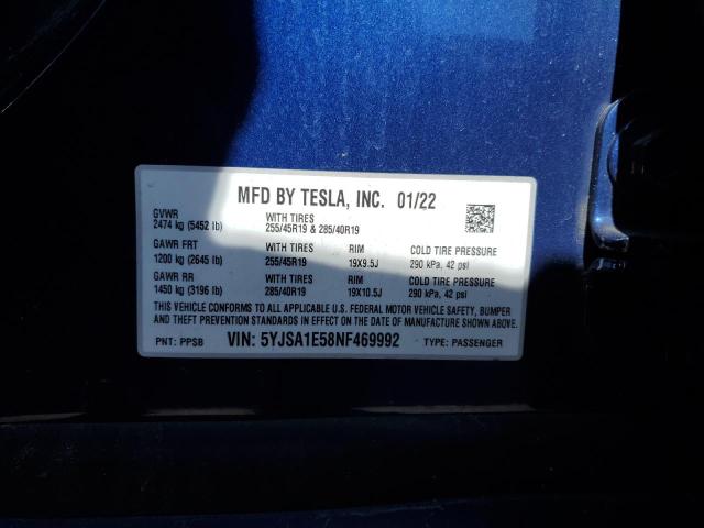 5YJSA1E58NF469992 - 2022 TESLA MODEL S Mavi foto 12