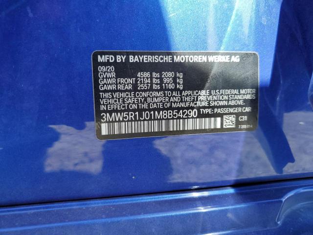 3MW5R1J01M8B54290 - 2021 BMW 330I BLUE photo 12