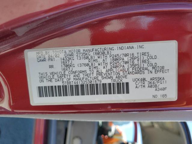 5TBBT44132S301879 - 2002 TOYOTA TUNDRA ACCESS CAB 勃艮第红 照片 12