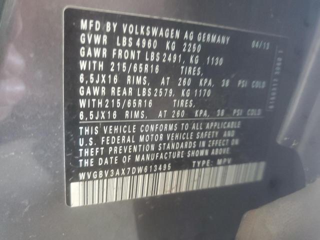 WVGBV3AX7DW613495 - 2013 VOLKSWAGEN TIGUAN S GRAY photo 13