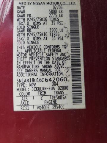 5N1AR18U16C642060 - 2006 NISSAN PATHFINDER LE 红色 照片 13