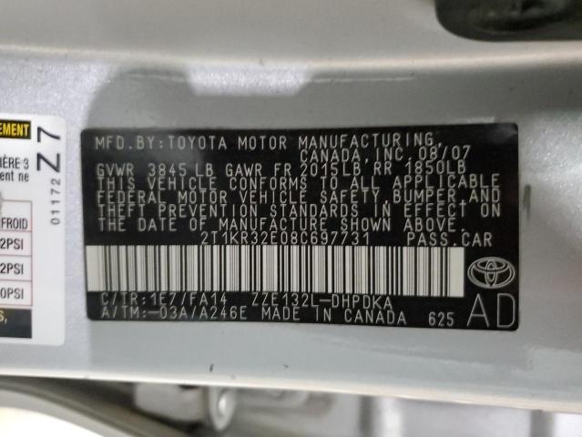 2T1KR32E08C697731 - 2008 TOYOTA COROLLA MA XR SILVER photo 13