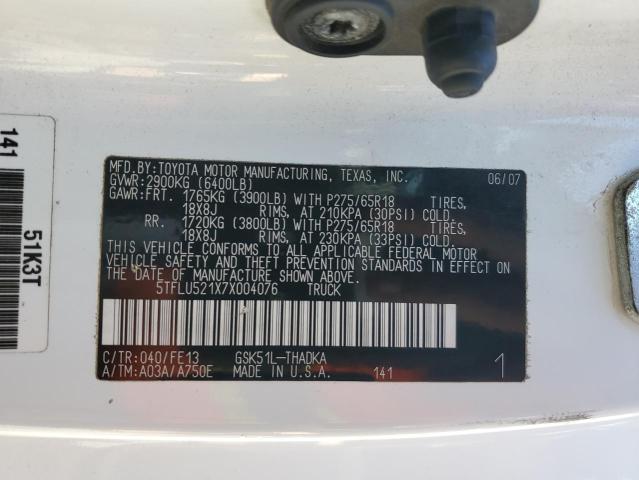 5TFLU521X7X004076 - 2007 TOYOTA TUNDRA WHITE photo 12