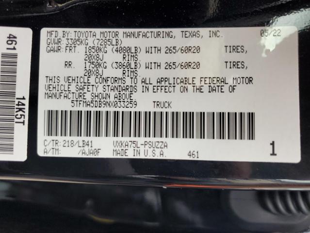 5TFMA5DB9NX033259 - 2022 TOYOTA TUNDRA CREWMAX PLATINUM Schwarz Foto 12