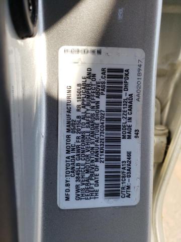 2T1KR32E73C047027 - 2003 TOYOTA COROLLA MA XR SILVER photo 12