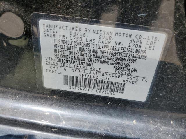 3N1CN7AP7JL871651 - 2018 NISSAN VERSA S BLACK photo 12