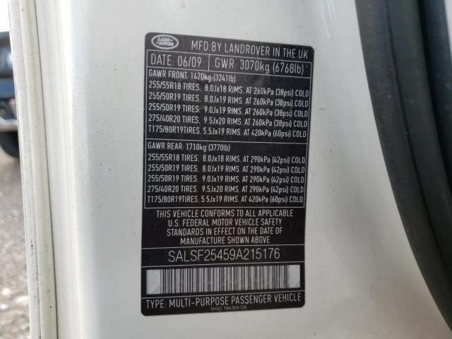 SALSF25459A215176 - 2009 LAND ROVER RANGE ROVE HSE WHITE photo 10