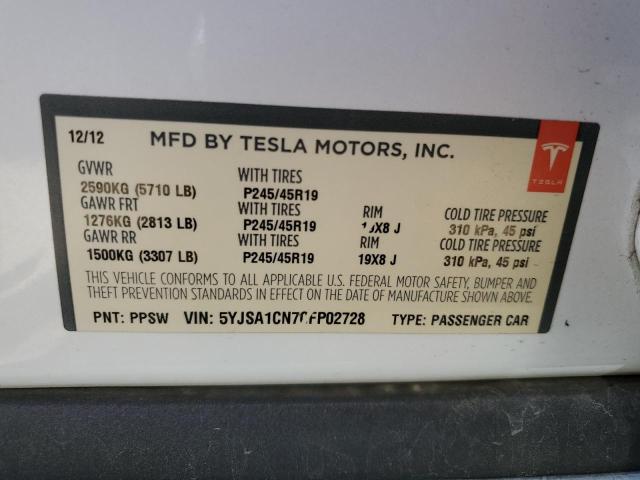 5YJSA1CN7CFP02728 - 2012 TESLA MODEL S 白色 照片 13
