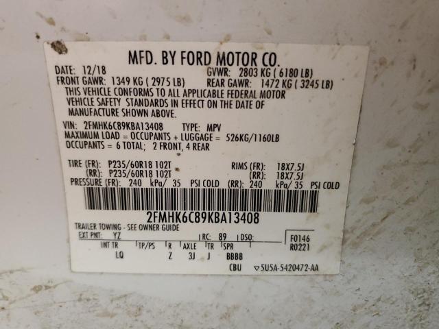 2FMHK6C89KBA13408 - 2019 FORD FLEX SEL WHITE photo 13