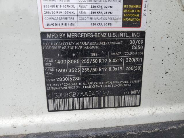 4JGBB8GB7AA540199 - 2010 MERCEDES-BENZ ML 350 4MATIC WHITE photo 12