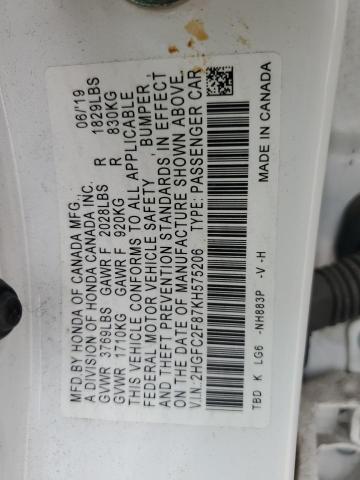 2HGFC2F87KH575206 - 2019 HONDA CIVIC SPORT 白色 照片 13
