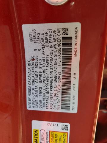 2HGFE2F20NH509493 - 2022 HONDA CIVIC LX RED photo 12