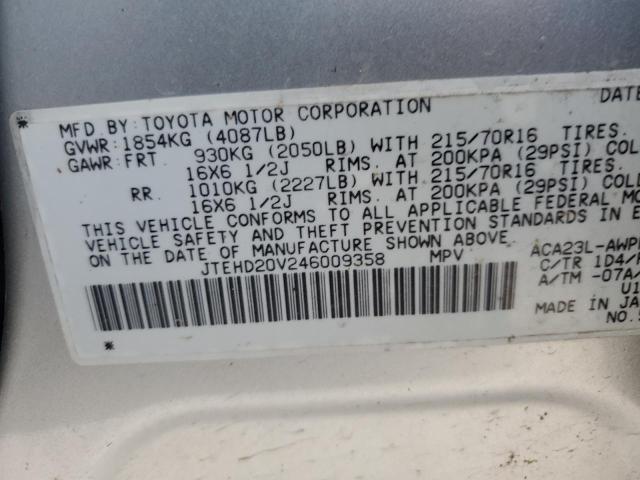 JTEHD20V246009358 - 2004 TOYOTA RAV4 SILVER photo 12