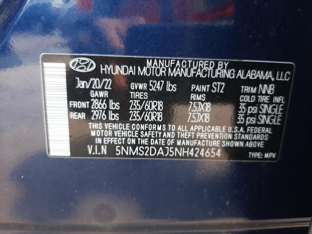 5NMS2DAJ5NH424654 - 2022 HYUNDAI SANTA FE SEL BLUE photo 13