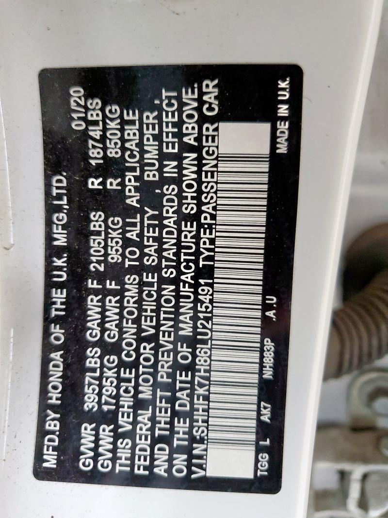 SHHFK7H86LU215491 - 2020 HONDA CIVIC EXL WHITE photo 12