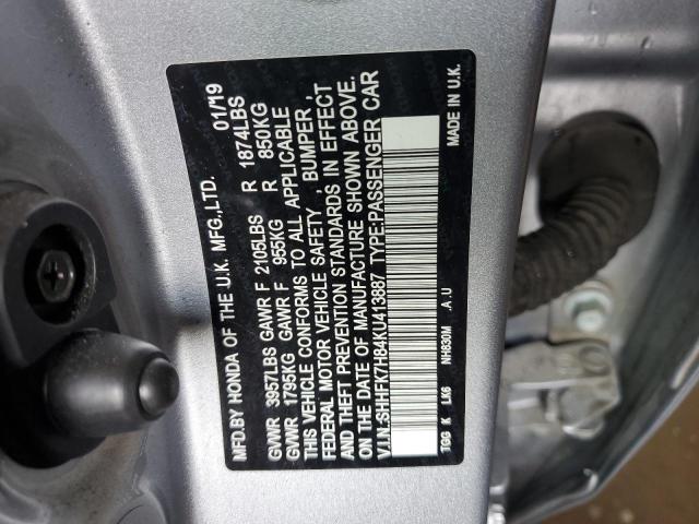 SHHFK7H84KU413887 - 2019 HONDA CIVIC EXL ვერცხლისფერი ფოტო 13