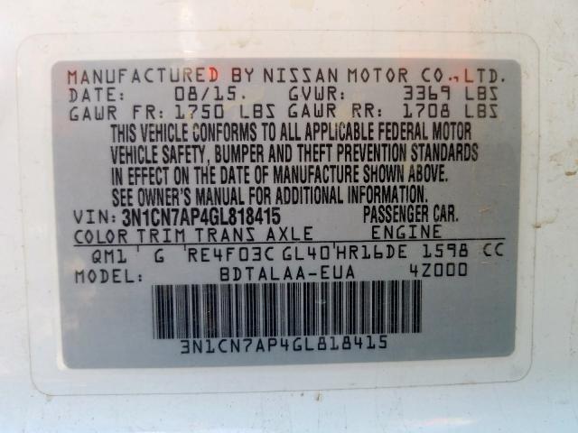 3N1CN7AP4GL818415 - 2016 NISSAN VERSA S  photo 10