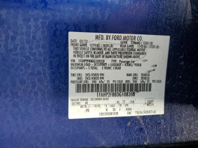 1FAHP2F88DG108358 - 2013 FORD TAURUS LIMITED BLUE photo 12