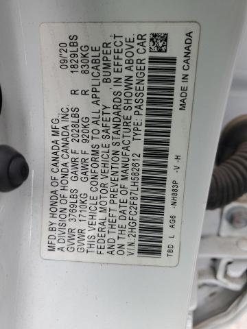 2HGFC2F87LH582612 - 2020 HONDA CIVIC SPORT WHITE photo 12