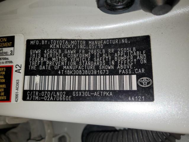 4T1BK3DB3BU381673 - 2011 TOYOTA AVALON BASE WHITE photo 12