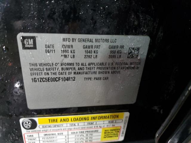 1G1ZC5E00CF104812 - 2012 CHEVROLET MALIBU 1LT შავი ფოტო 12