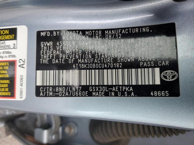 4T1BK3DB0CU470182 - 2012 TOYOTA AVALON BASE BLUE photo 12