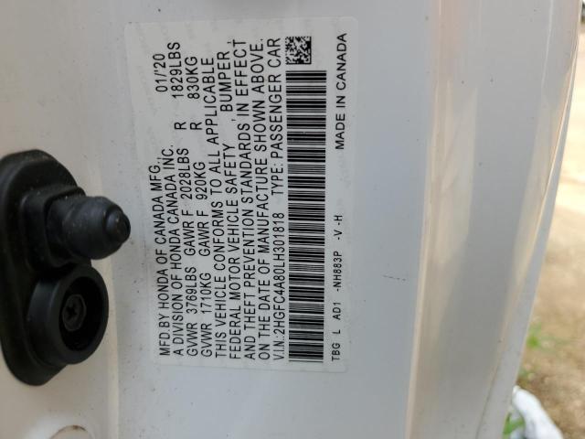 2HGFC4A80LH301818 - 2020 HONDA CIVIC SPORT 白色 照片 12