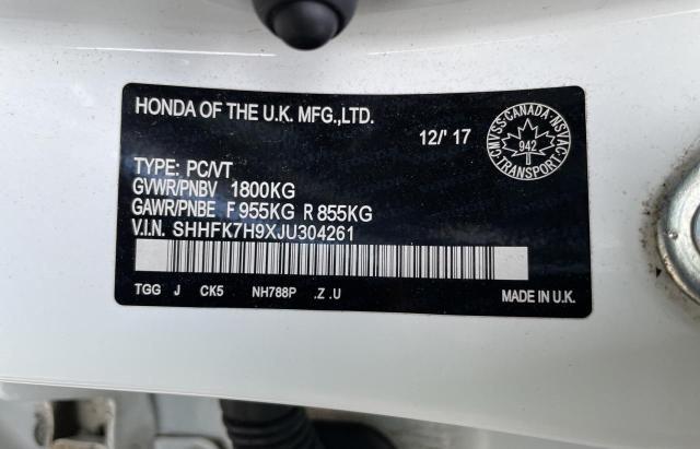 SHHFK7H9XJU304261 - 2018 HONDA CIVIC SPORT TOURING WHITE photo 10