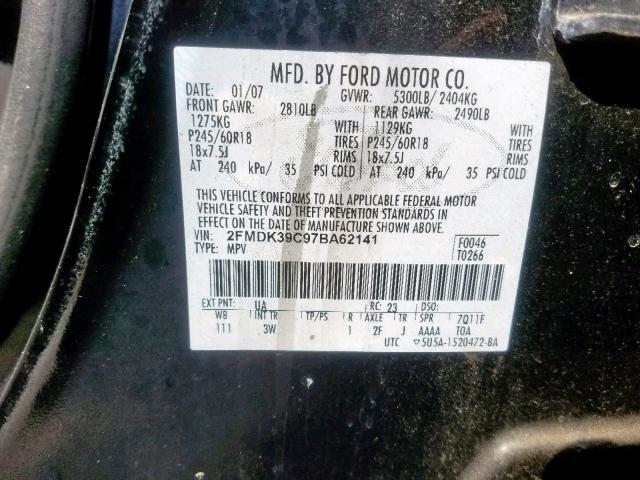 2FMDK39C97BA62141 - 2007 FORD EDGE SEL PLUS  photo 10