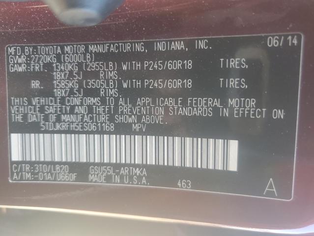 5TDJKRFH5ES061168 - 2014 TOYOTA HIGHLANDER XLE Bordo foto 12