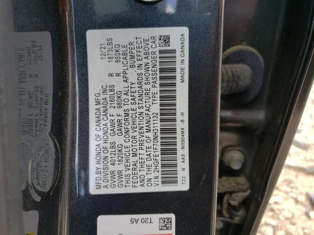 2HGFE1F70NH311132 - 2022 HONDA CIVIC EX GRAY photo 12