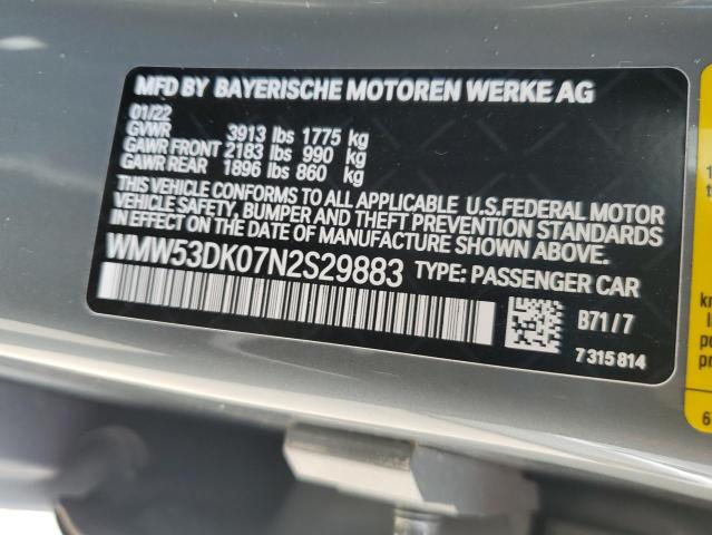 WMW53DK07N2S29883 - 2022 MINI COOPER S GRAY photo 13