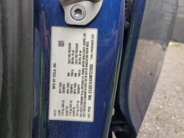 5YJ3E1EA5NF372660 - 2022 TESLA MODEL 3 ლურჯი ფოტო 13